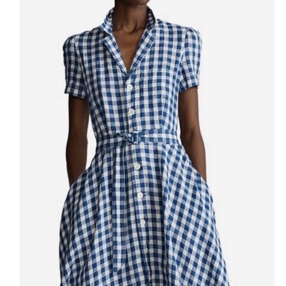 Polo by Ralph Lauren Blue and White Gingham Midi Dress 100% linen new with tags